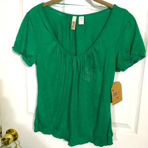 Size XS-Green Semi-Sheer Knit Studded Pocket V-neck Blouse Top